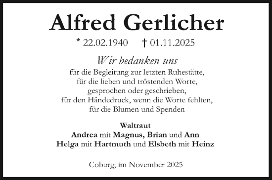 Traueranzeige von Alfred Gerlicher von Neue Presse Coburg