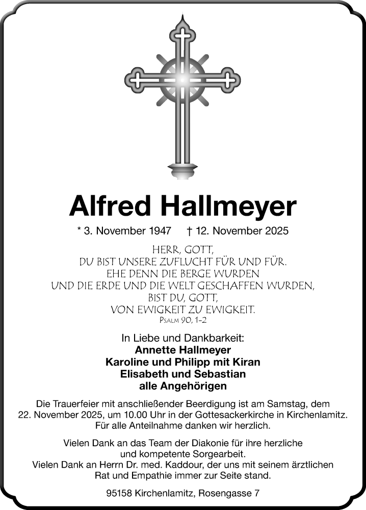  Traueranzeige für Alfred Hallmeyer vom 15.11.2025 aus Frankenpost