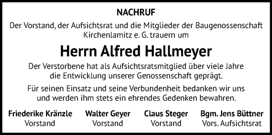 Traueranzeige von Alfred Hallmeyer von Frankenpost