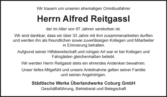 Traueranzeige von Alfred Reitgaßl von Neue Presse Coburg