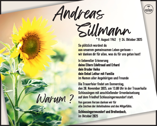 Traueranzeige von Andreas Sillmann von Südthüringer Presse