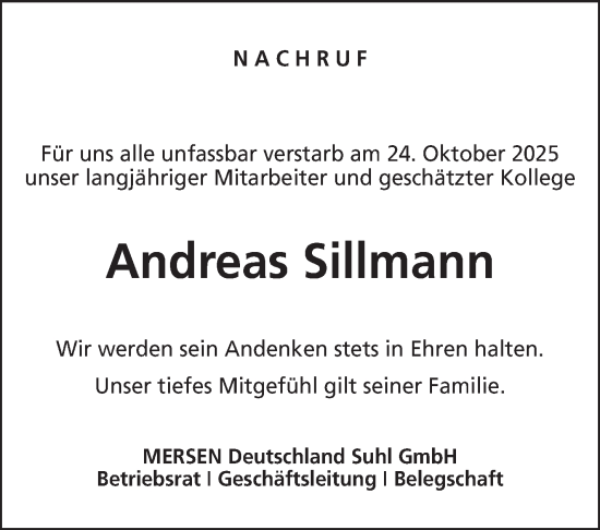 Traueranzeige von Andreas Sillmann von Südthüringer Presse