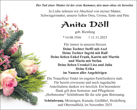 Traueranzeige von Anita Döll von Südthüringer Presse