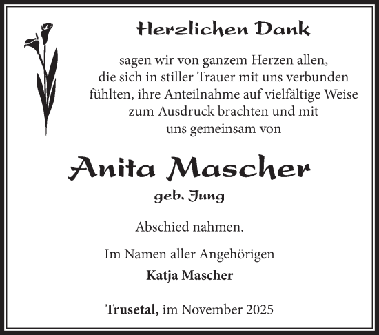 Traueranzeige von Anita Mascher von Südthüringer Presse