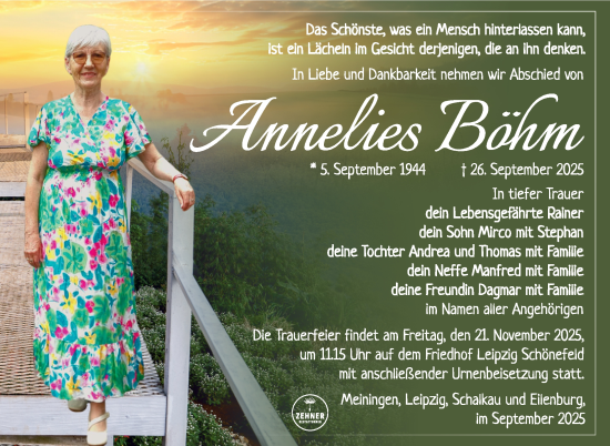 Traueranzeige von Annelies Böhm von Südthüringer Presse