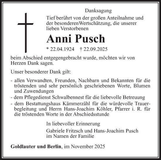 Traueranzeige von Anni Pusch von Südthüringer Presse