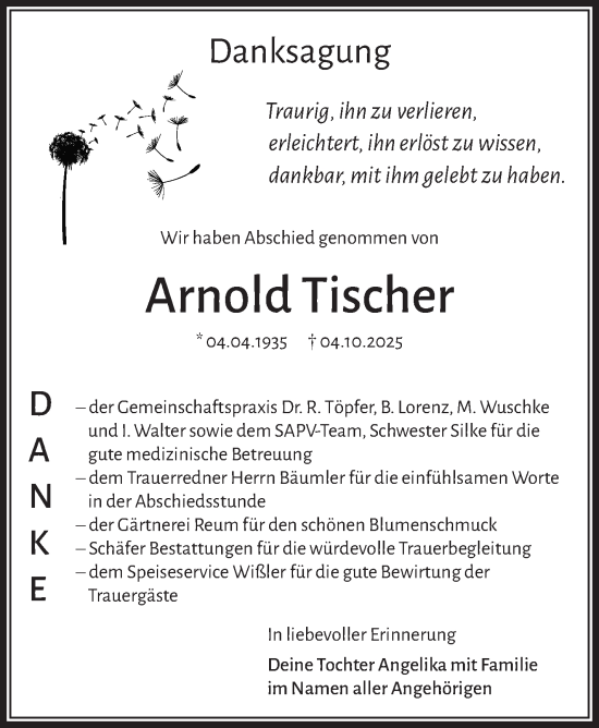 Traueranzeige von Arnold Tischer von Südthüringer Presse