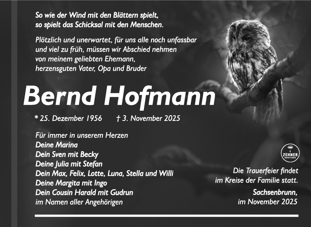  Traueranzeige für Bernd Hofmann vom 15.11.2025 aus Südthüringer Presse