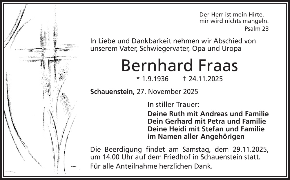  Traueranzeige für Bernhard Fraas vom 27.11.2025 aus Frankenpost