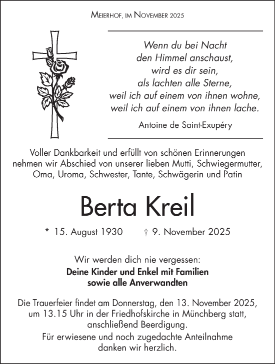 Traueranzeige von Berta Kreil von Frankenpost