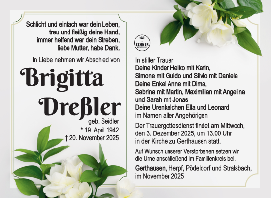 Traueranzeige von Brigitta Dreßler von Südthüringer Presse