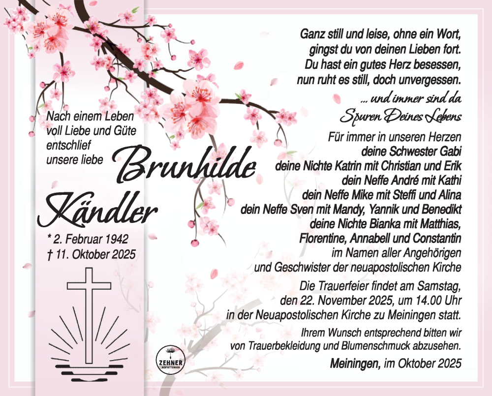  Traueranzeige für Brunhilde Kändler vom 08.11.2025 aus Südthüringer Presse