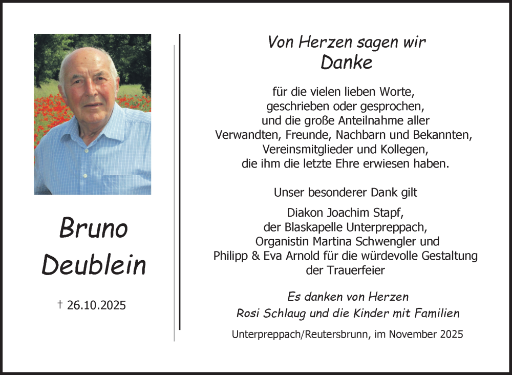  Traueranzeige für Bruno Deublein vom 22.11.2025 aus Neue Presse Coburg