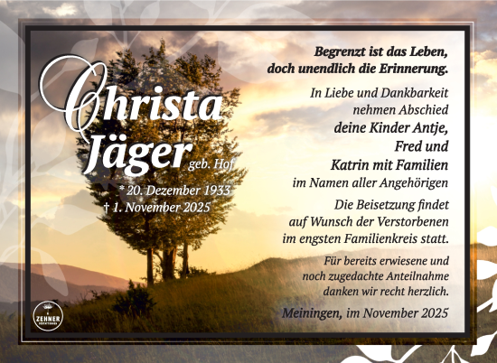 Traueranzeige von Christa Jäger von Südthüringer Presse