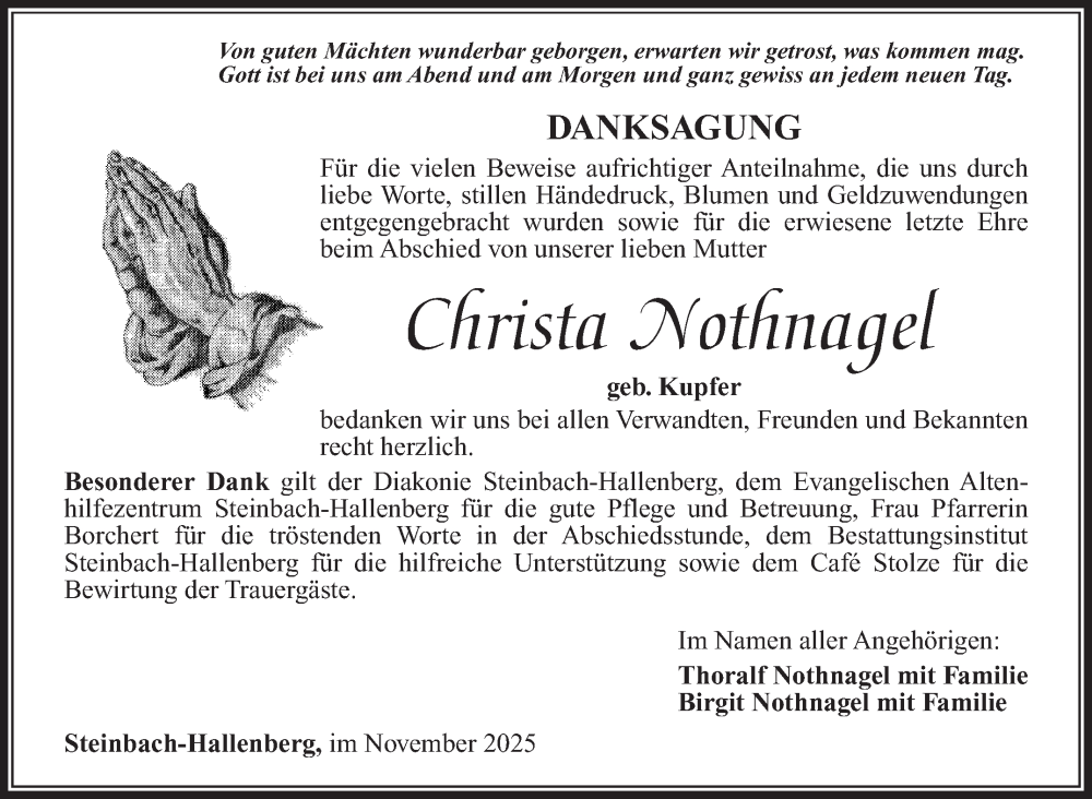  Traueranzeige für Christa Nothnagel vom 15.11.2025 aus Südthüringer Presse