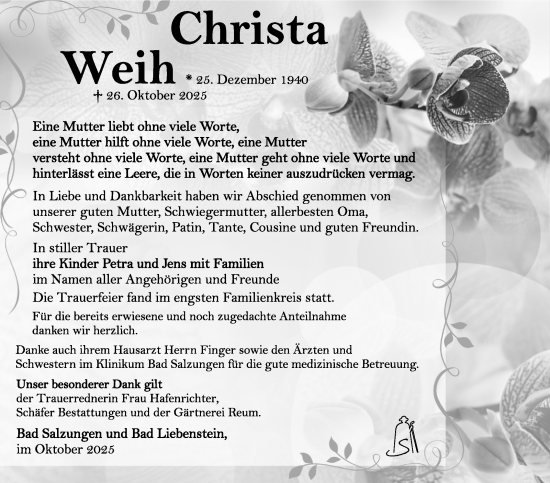 Traueranzeige von Christa Weih von Südthüringer Presse