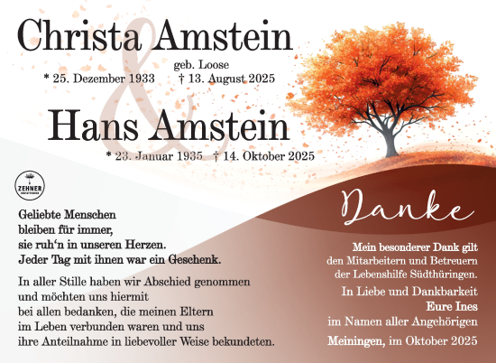 Traueranzeige von Christa und Hans Amstein von Südthüringer Presse