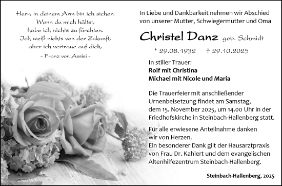 Traueranzeige von Christel Danz von Südthüringer Presse