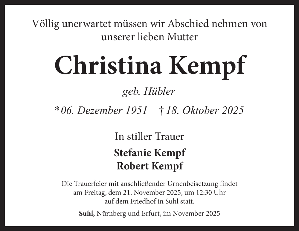  Traueranzeige für Christina Kempf vom 08.11.2025 aus Südthüringer Presse