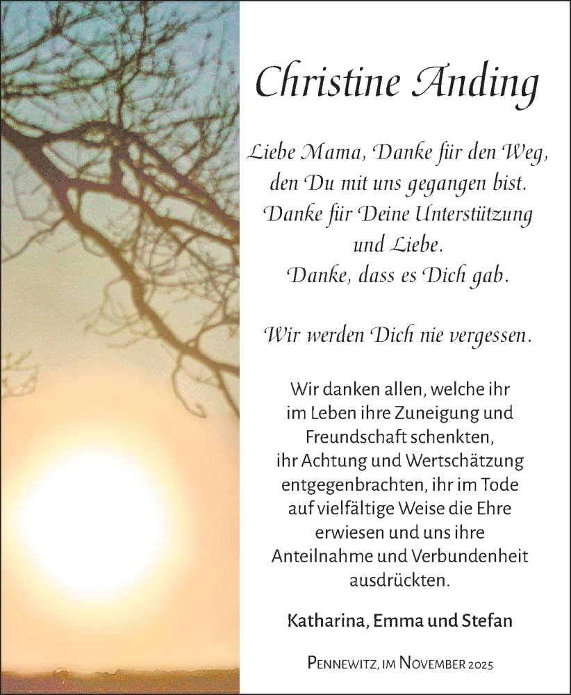  Traueranzeige für Christine Anding vom 22.11.2025 aus Südthüringer Presse