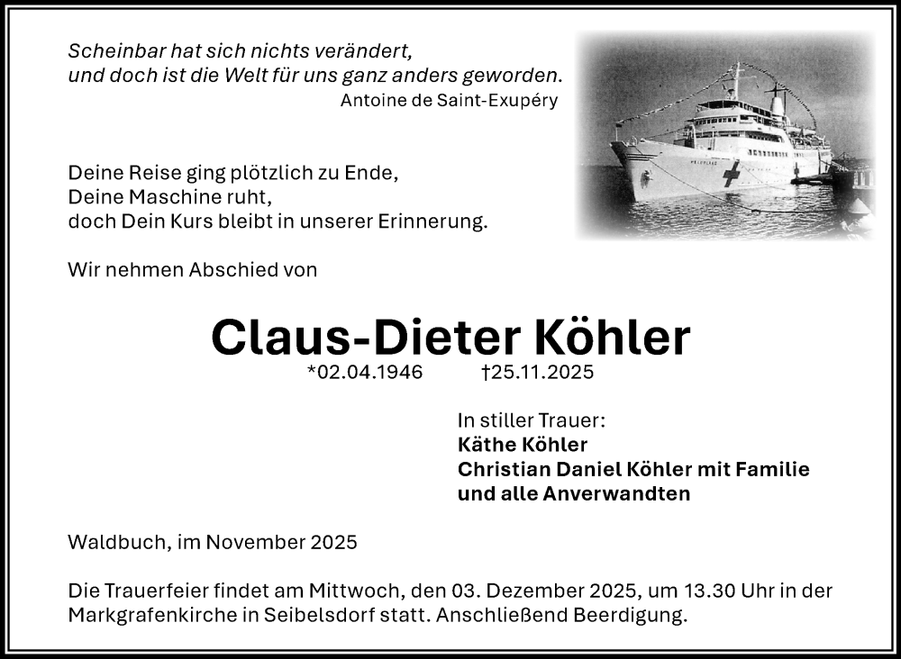  Traueranzeige für Claus-Dieter Köhler vom 29.11.2025 aus Neue Presse Coburg