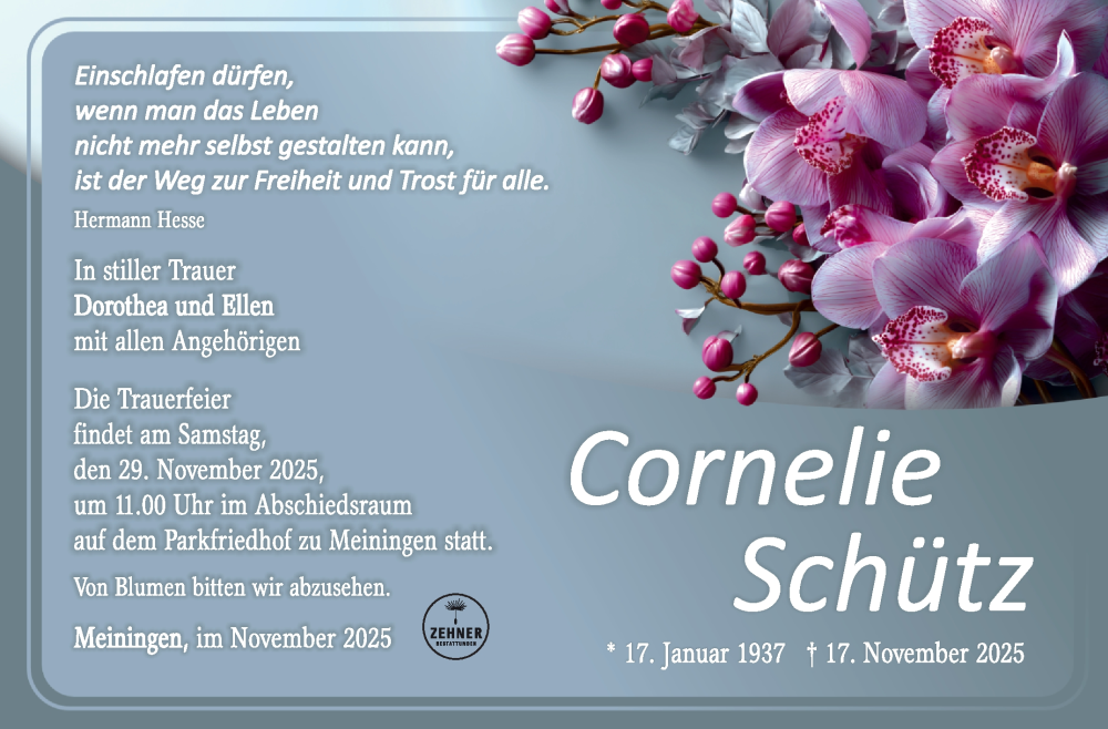  Traueranzeige für Cornelie Schütz vom 22.11.2025 aus Südthüringer Presse
