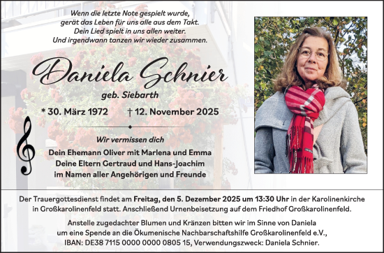 Traueranzeige von Daniela Schnier von Frankenpost