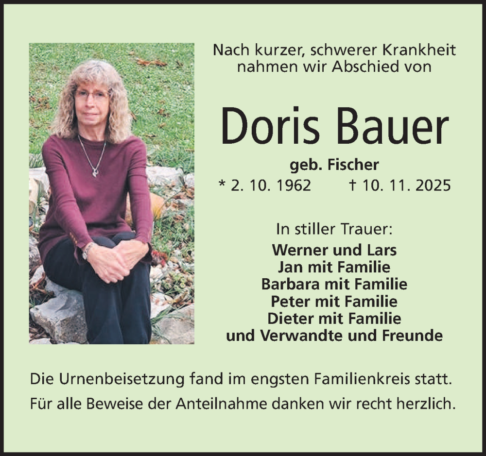  Traueranzeige für Doris Bauer vom 29.11.2025 aus Frankenpost