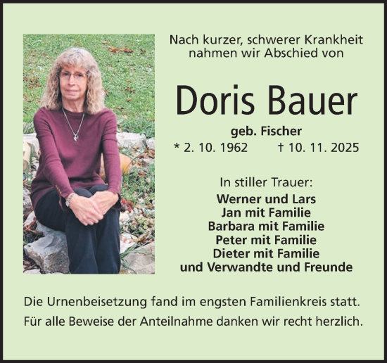 Traueranzeige von Doris Bauer von Frankenpost