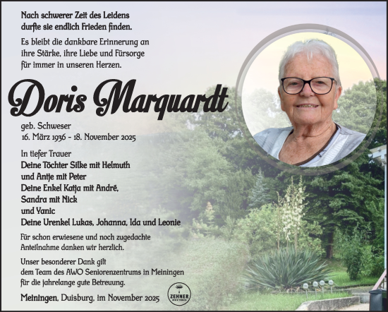 Traueranzeige von Doris Marquardt von Südthüringer Presse