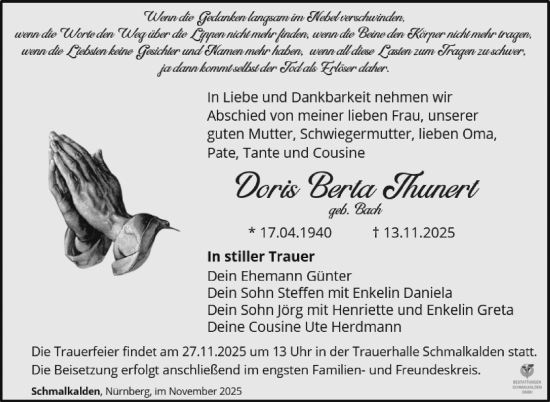 Traueranzeige von Doris Thunert von Südthüringer Presse
