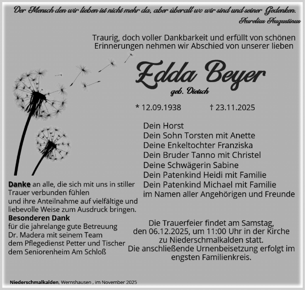  Traueranzeige für Edda Beyer vom 29.11.2025 aus Südthüringer Presse