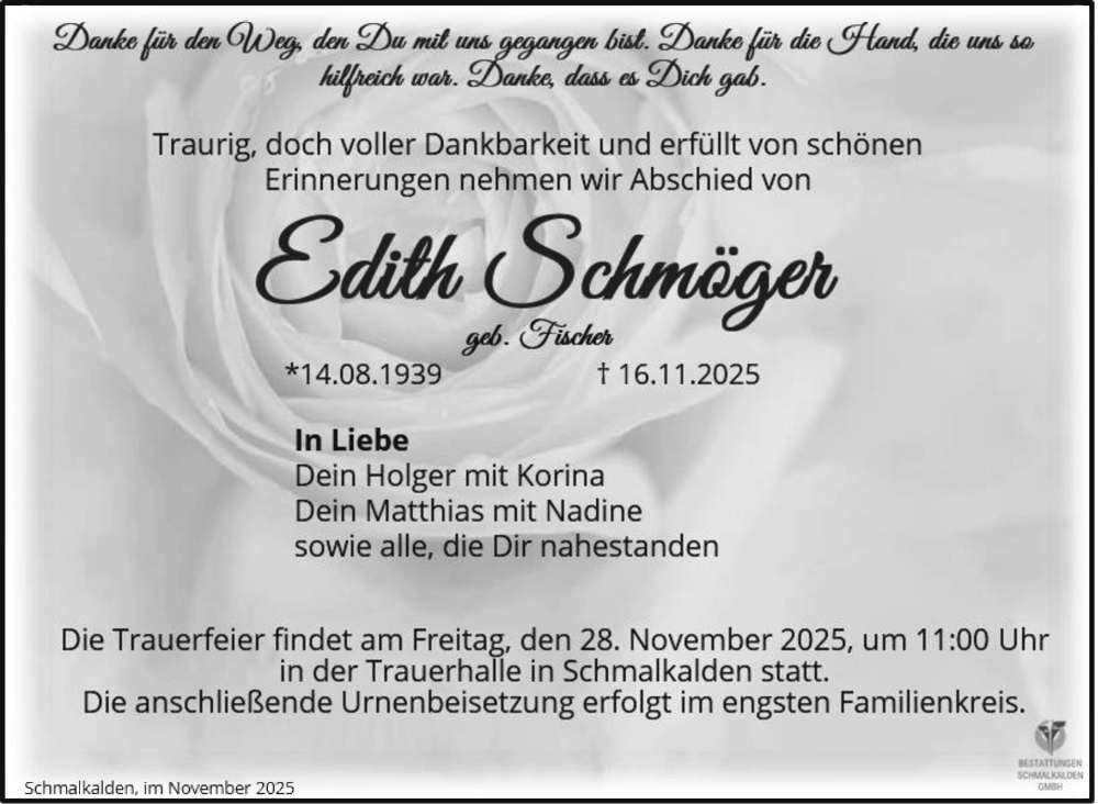  Traueranzeige für Edith Schmöger vom 22.11.2025 aus Südthüringer Presse