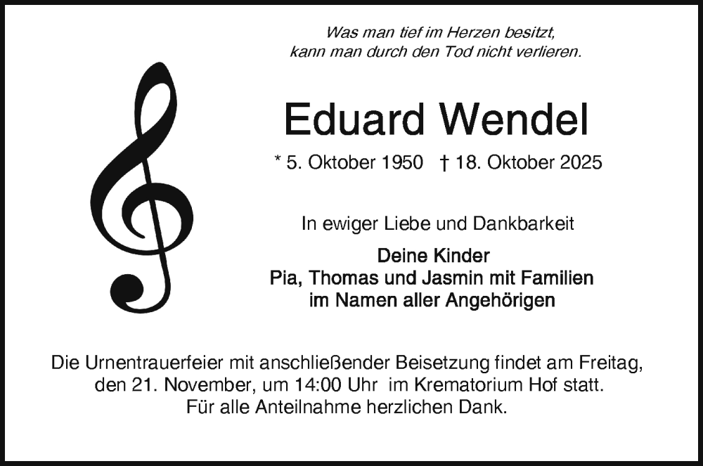  Traueranzeige für Eduard Wendel vom 15.11.2025 aus Frankenpost