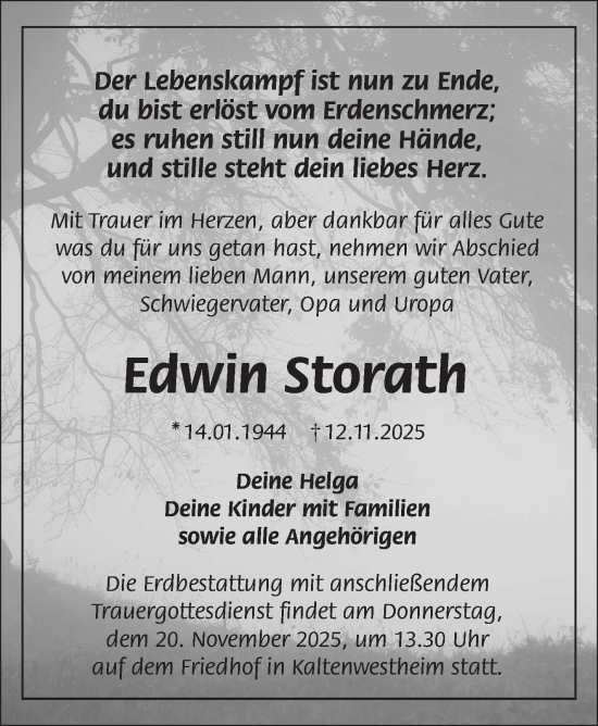 Traueranzeige von Edwin Storath von Südthüringer Presse