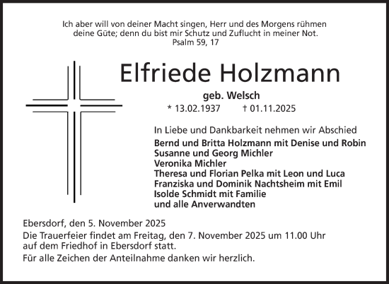 Traueranzeige von Elfriede Holzmann von Neue Presse Coburg