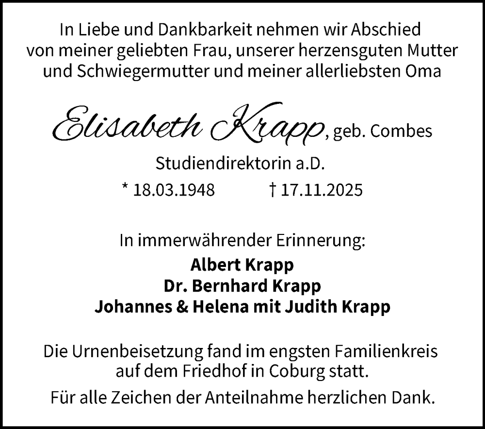  Traueranzeige für Elisabeth Krapp vom 29.11.2025 aus Neue Presse Coburg