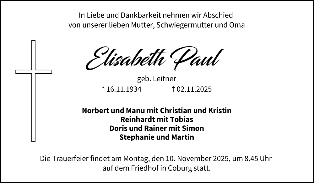  Traueranzeige für Elisabeth Paul vom 08.11.2025 aus Neue Presse Coburg