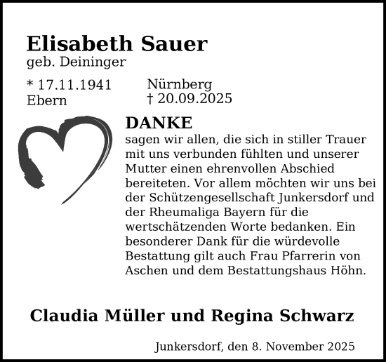 Traueranzeige von Elisabeth Sauer von Neue Presse Coburg
