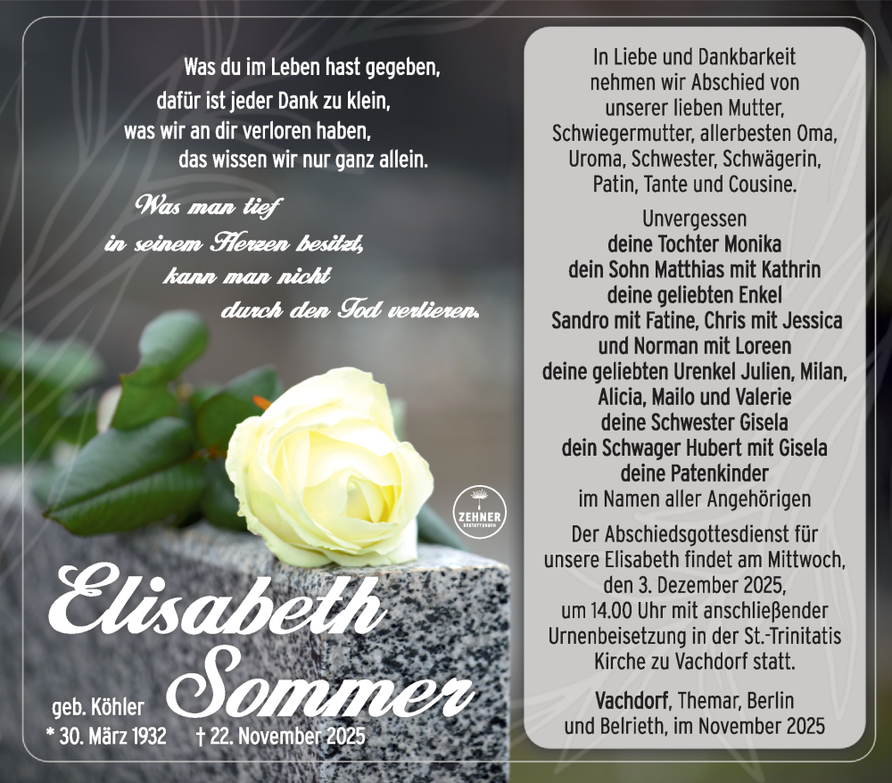  Traueranzeige für Elisabeth Sommer vom 29.11.2025 aus Südthüringer Presse