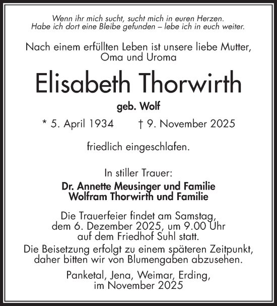 Traueranzeige von Elisabeth Thorwirth von Südthüringer Presse