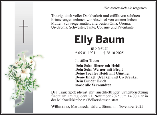 Traueranzeige von Elly Baum von Südthüringer Presse