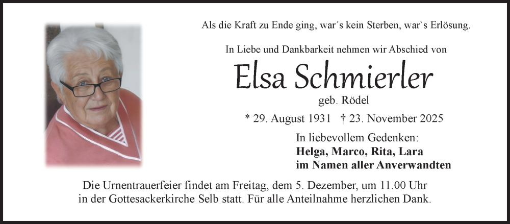  Traueranzeige für Elsa Schmierler vom 29.11.2025 aus Frankenpost