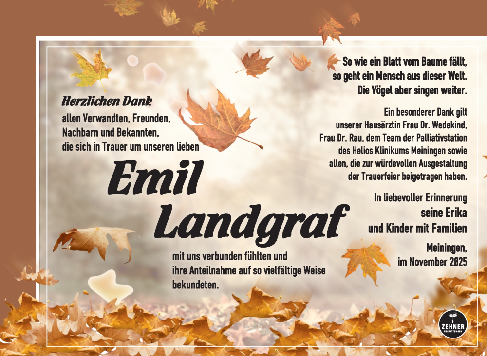  Traueranzeige für Emil Landgraf vom 15.11.2025 aus Südthüringer Presse