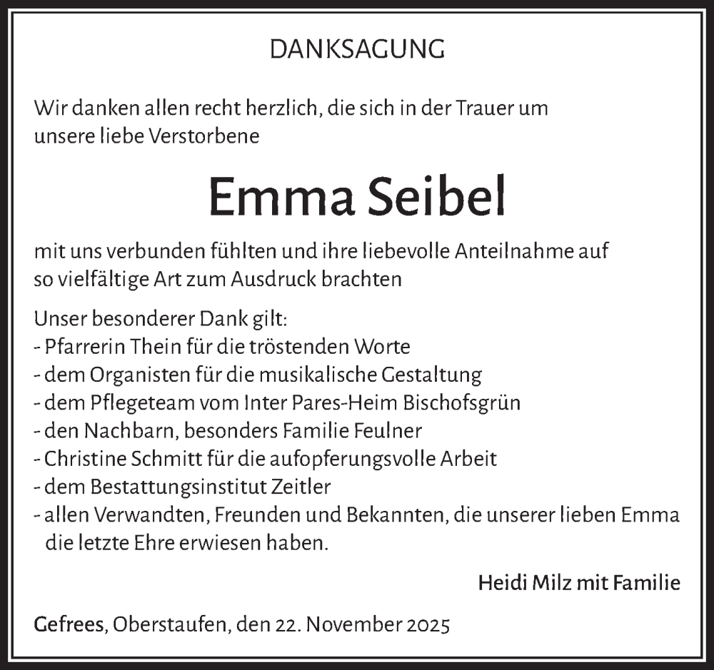  Traueranzeige für Emma Seibel vom 22.11.2025 aus Frankenpost