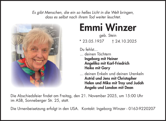 Traueranzeige von Emmi Winzer von Neue Presse Coburg