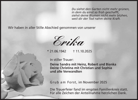 Traueranzeige von Erika  von Neue Presse Coburg