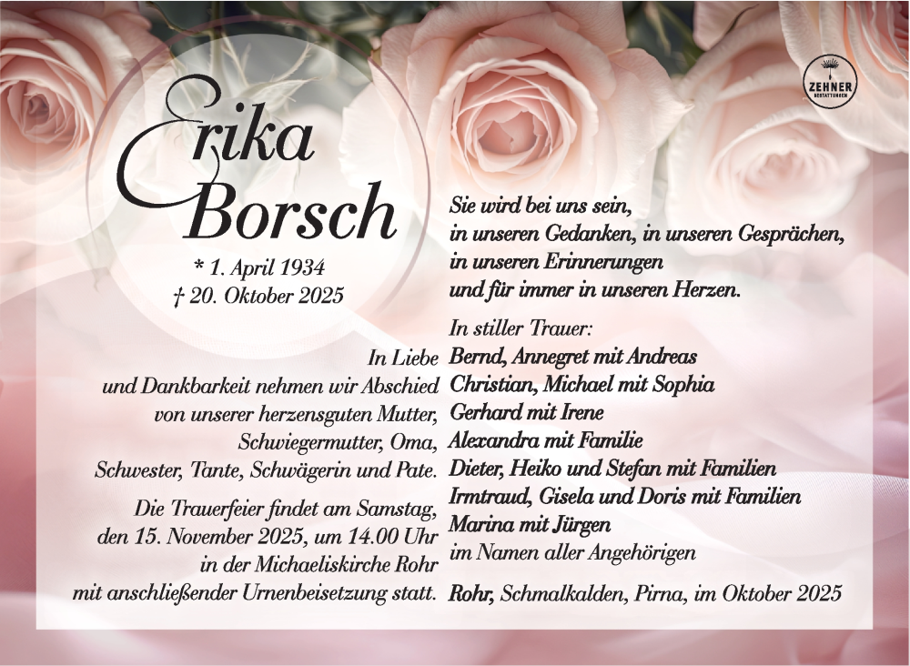  Traueranzeige für Erika Borsch vom 08.11.2025 aus Südthüringer Presse