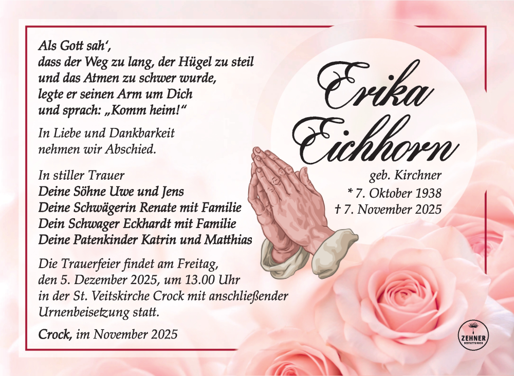  Traueranzeige für Erika Eichhorn vom 29.11.2025 aus Südthüringer Presse