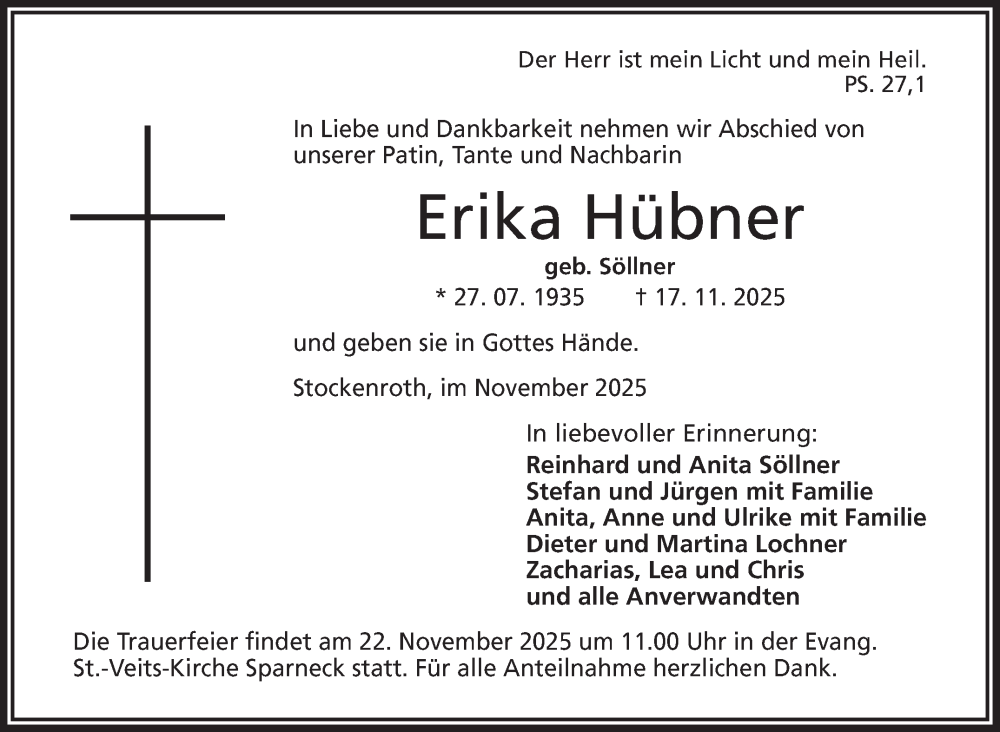  Traueranzeige für Erika Hübner vom 20.11.2025 aus Frankenpost